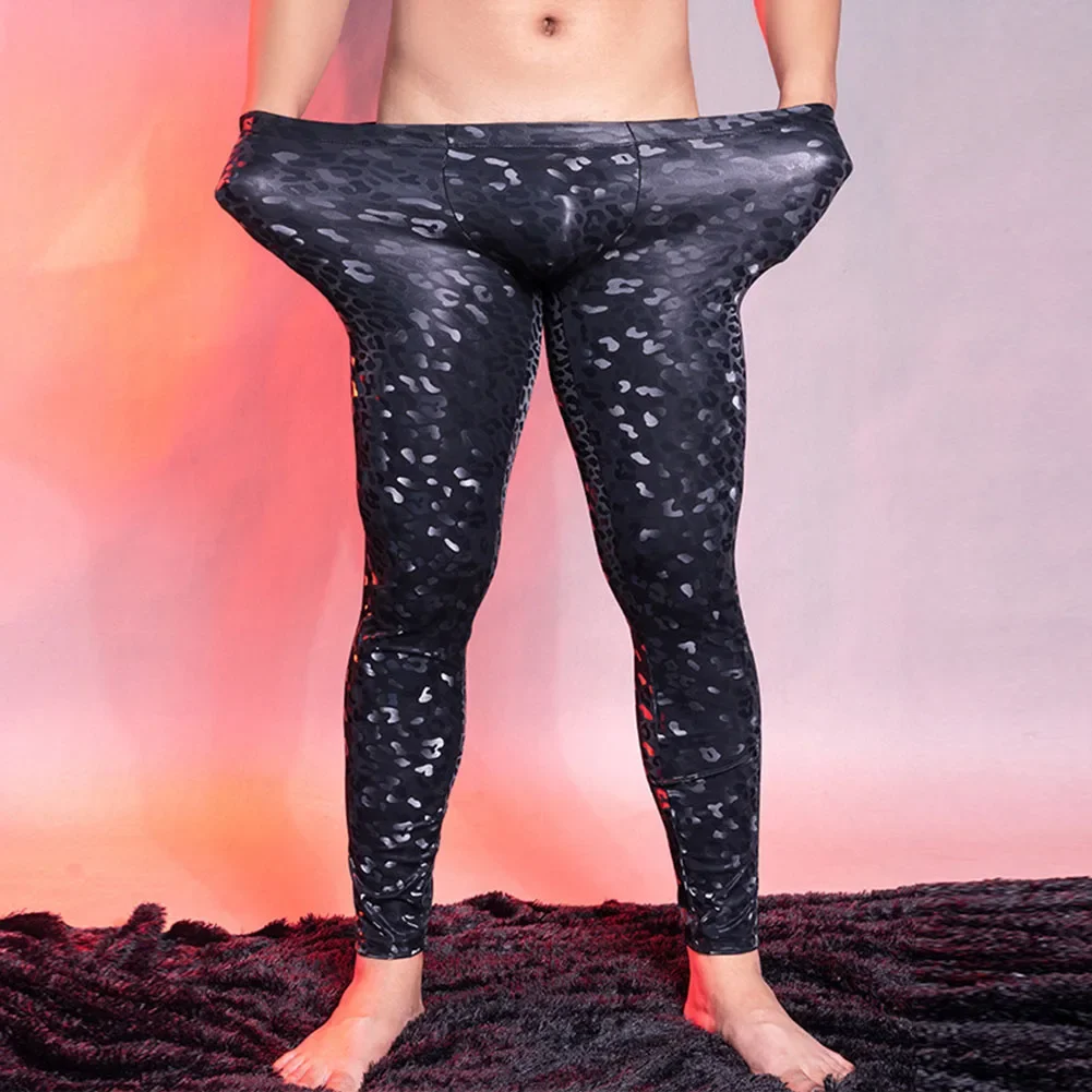 Sexy Men Pants Elastic Oil Shiny Leopard Tight Pants Shaping Lingeries Pajama Trousers U Convex Pouch Temptation Leggings
