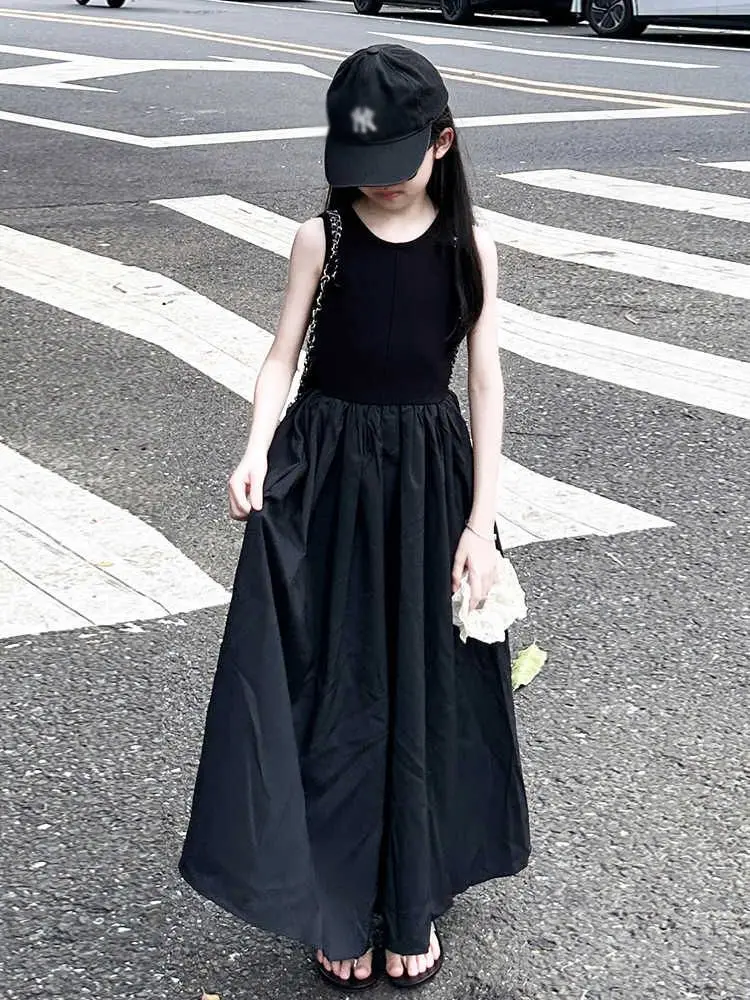 Girls Summer Dress Elegant Children's Clothing Sleeveless Vest Dress Long Skirt Simple Style Daily Wear Pure Color A-Line Skirt - 3
