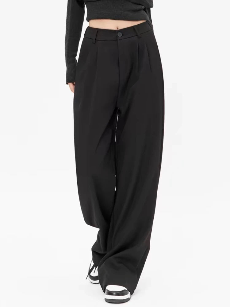 HOUZHOU Black Wide Leg Suit Pants Women Casual Baggy Basic Korean Formal Pants Pleated Classic Office Look High Waist Trousers