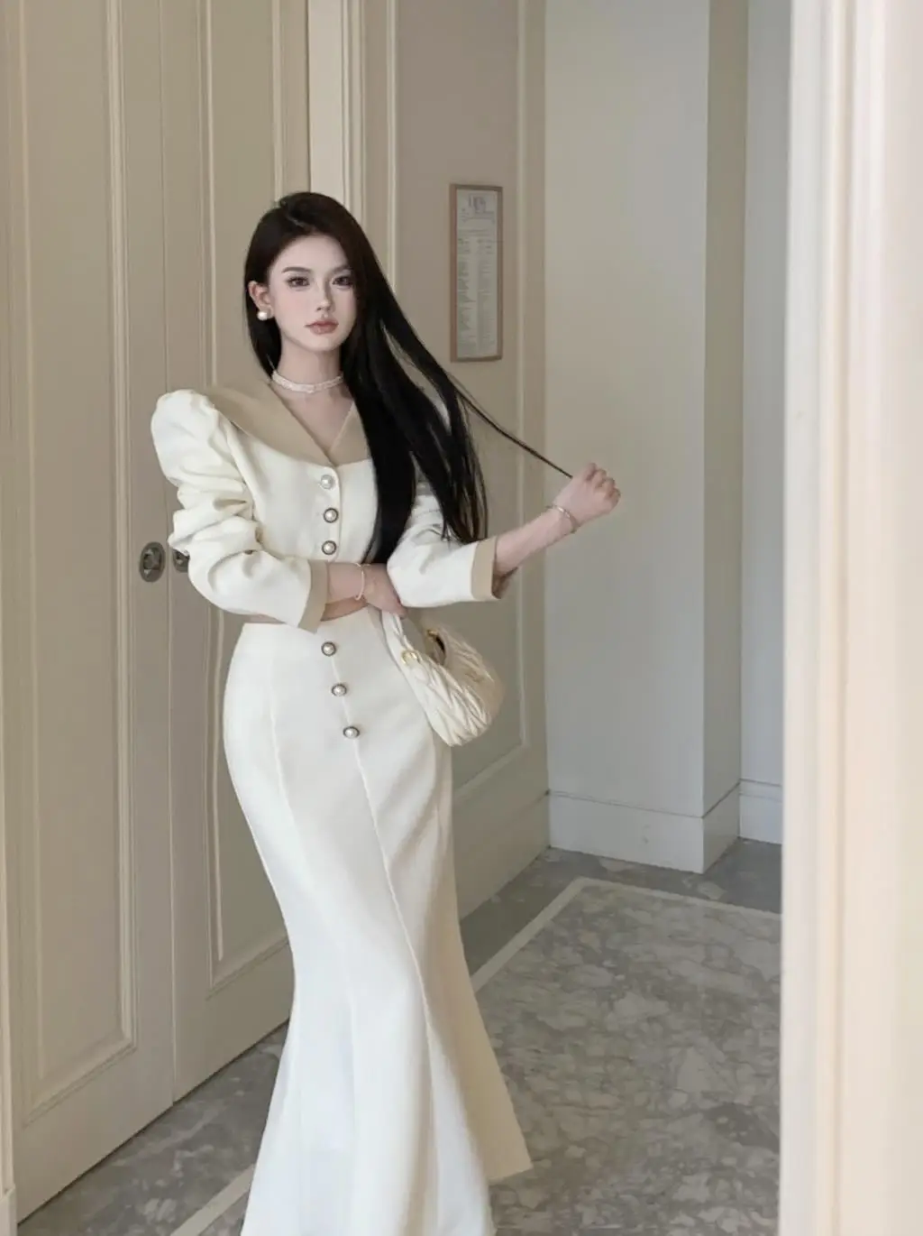 Elegant Two Piece Set Women Long Sleeves Short Coat + High Waist Mermaid Skirt Autumn Winter Solid Korean Style Patchwork Outfit