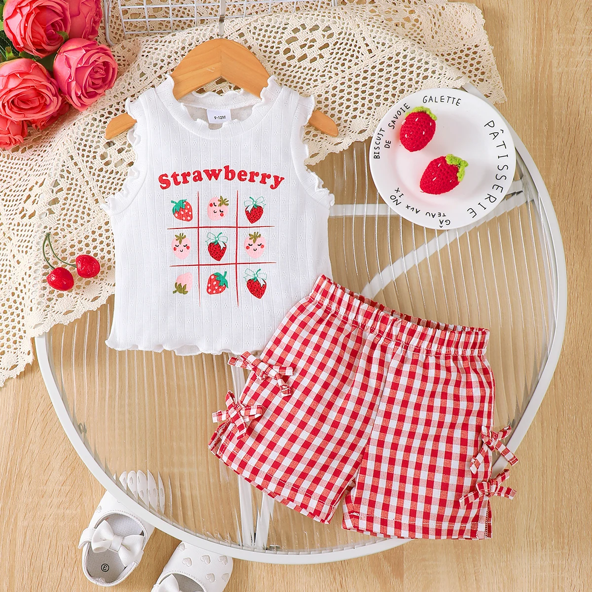 Summer  0-3  Years  Old  Infant  Baby  Girls    Fruit   Print  Sleeveless  Top  And  Plaid   Shorts   2-Piece  Set