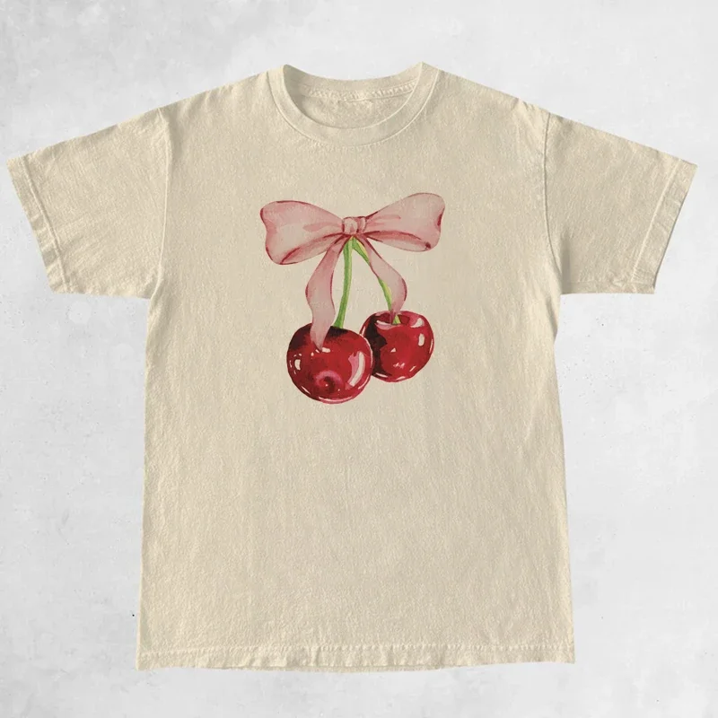 Cherry Bow Printed Vintage Women’s Tee – Trendy Cottagecore Aesthetic Short Sleeve Top