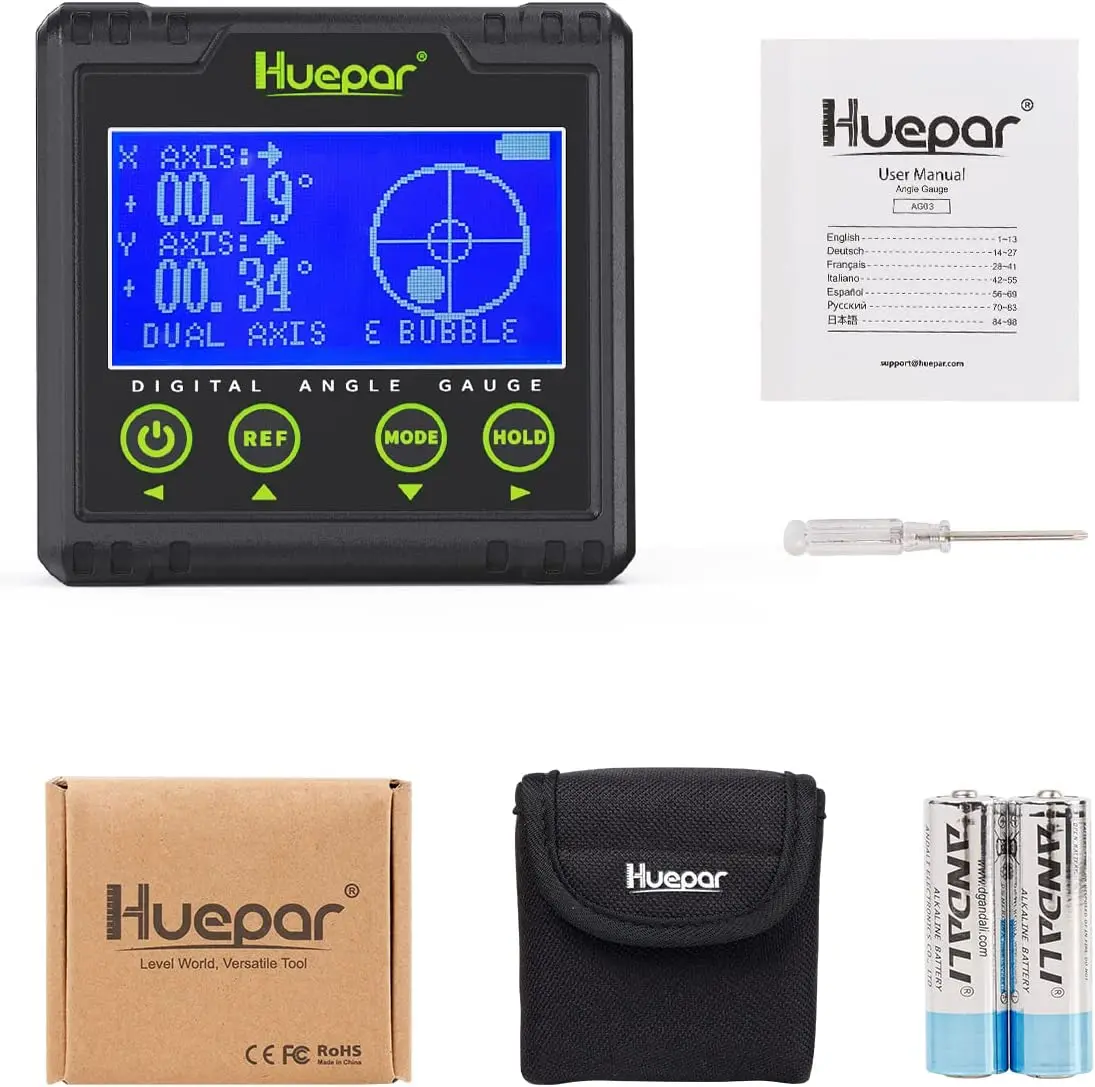 Huepar Digital Angle Gauge Protractor Electronic Bubble Angle Finder Dual Axis Level Box 0.01° Resolution V-Groove Magnetic 6