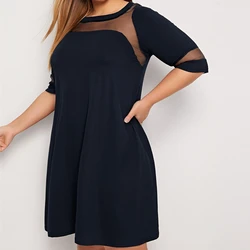 Plus Size Half Sleeve Spring Autumn Elegant Swing Dress Mesh Panel Fit And Flare Casual Dress Large Size Work Dress 5XL 6XL 7XL