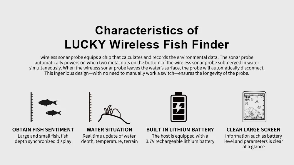 Description Picture 3 of itemLucky FF718LiC-WLA Wireless Portable Fish Finder 45M/147Feet Sonar Depth Waterproof Fishfinder Fish Attractive Lamp
