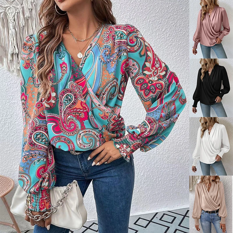 

Women's Elegant V-neck Grab Lantern Sleeve Temperament Solid Color Shirt Casual Loose Vintage Y2k Pullover Blouse Autumn