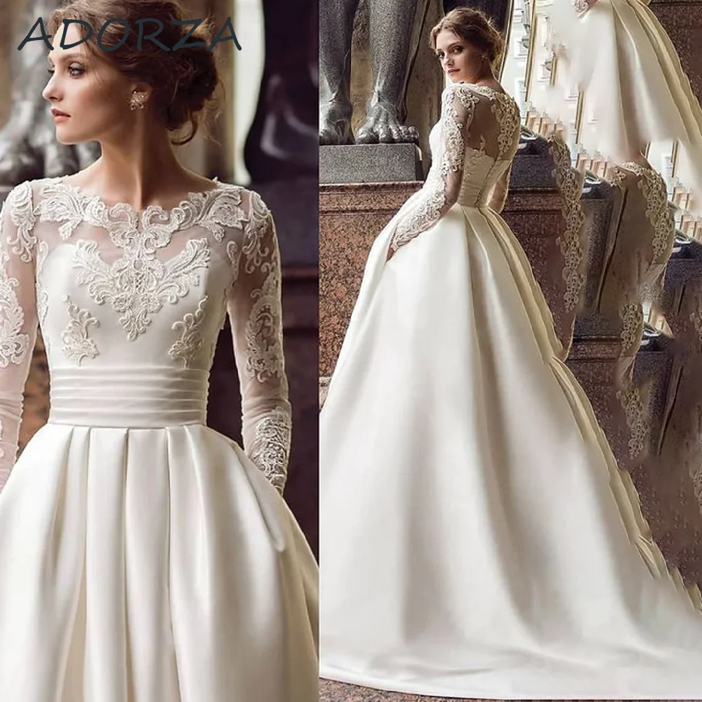 

ADORZA Wedding Dress A-line Scoop Neck Lace Long Sleeves Appliques Pockets Ruched Illusion Back Covered Button 2024