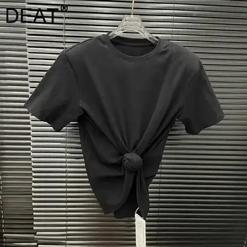 DEAT 2026 Summer New Fashion Knot Design T-shirt For Women Casual Slim Fit Padded Shoulders Short Sleeved Top Female 11A04691 1