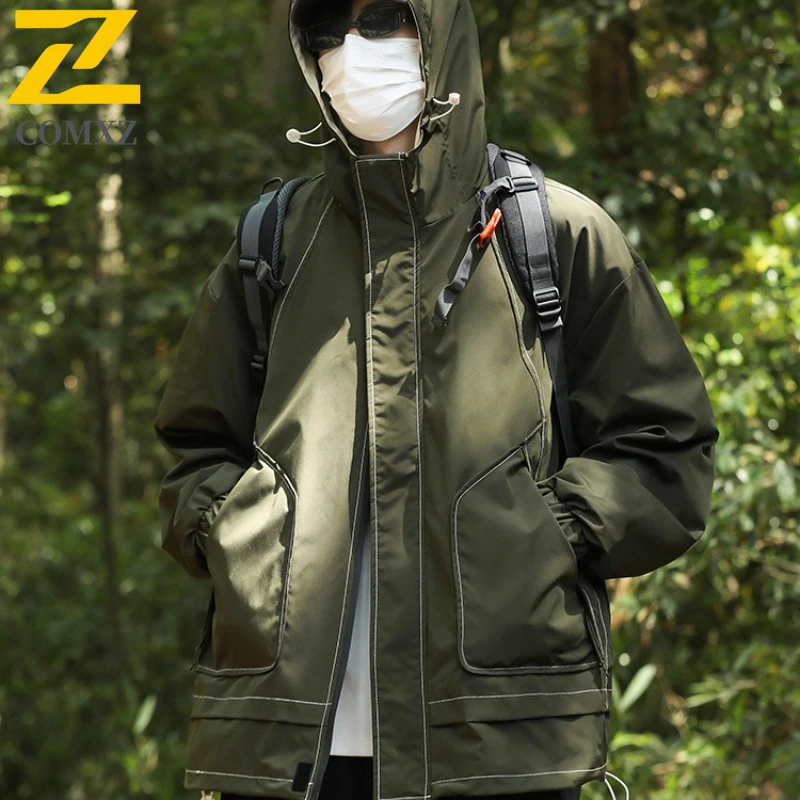 Men Casual Sports Hooded Jacket Autumn Water-Resistant Windbreaker Loose Fit Outdoor Coat Lightweight Breathable Streetwear Top