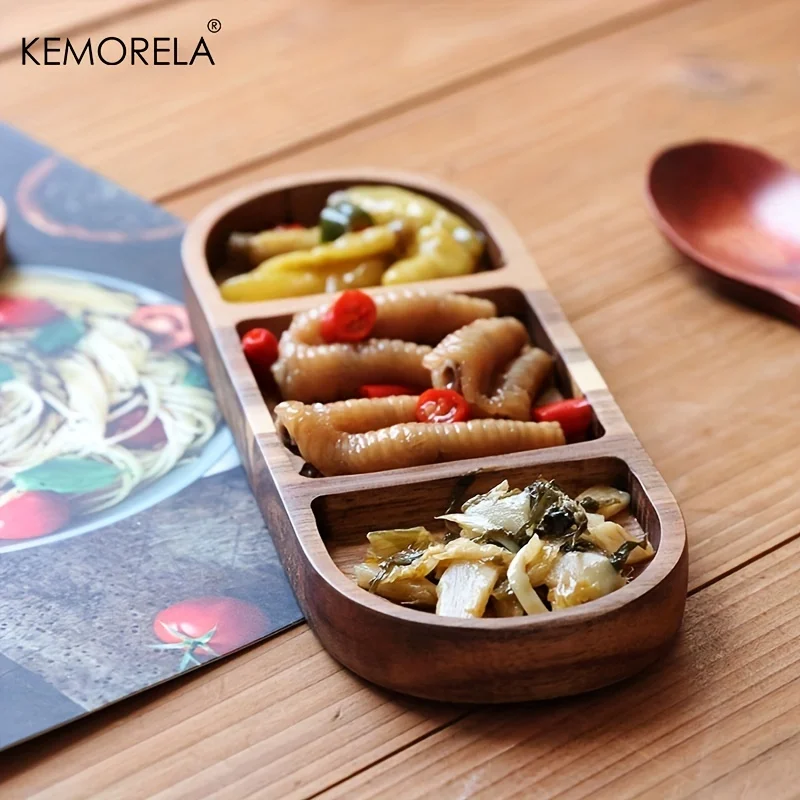 1PCS Acacia Wood Oval Three Compartment Japanese Dip Plate Breakfast Dip Plate for Japanese Pickled Vegetables dessert plate