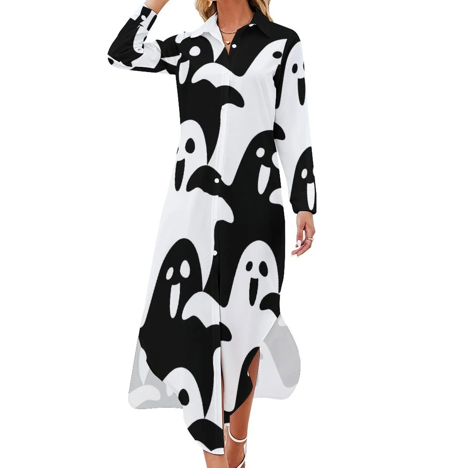 

Spooky Scary Ghosts Chiffon Dress Sexy V Neck Black And White Trendy Dresses Women Streetwear Casual Dress Gift Idea