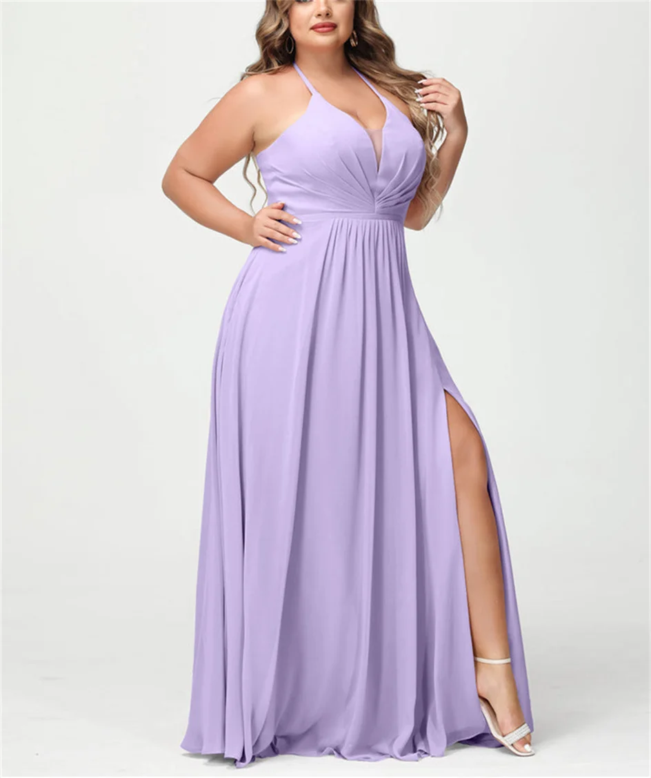 

Shiyiecy 2024 V-neck Lace UpPlus-Size Women's Evening Bridesmaid Column Spaghetti Straps Long Formal Dresses With Split Dress