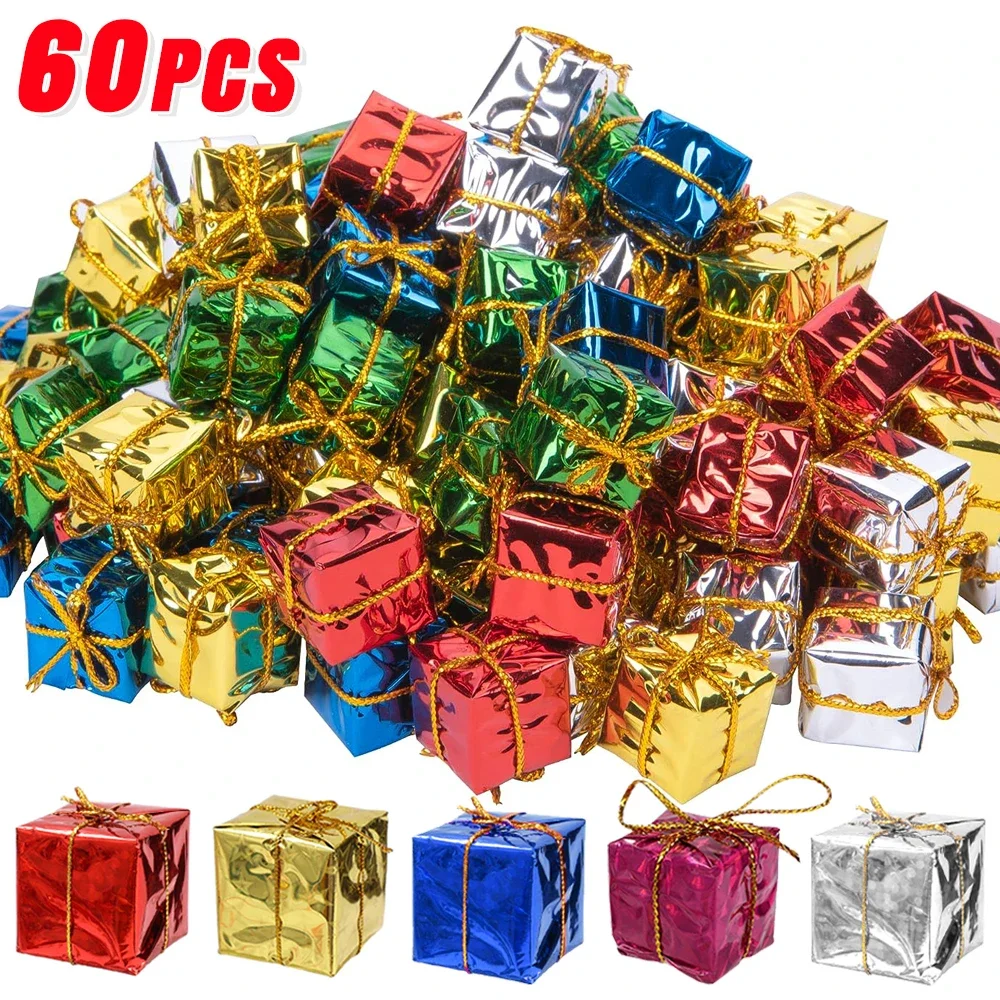 Mini Xmas Ornaments Gifts Boxes 60/6Pcs Shiny Foil Wrapped Gift Boxes Xmas Tree Hanging Pendants For Navidad Party Decorations