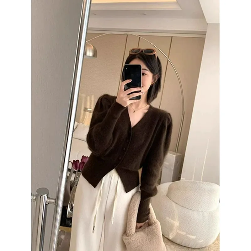 여성용 짧은 브이넥 스웨터 코트, 고급 레트로 퍼프 소매, 단색 니트 가디건 블라우스, 2024 가을 겨울 신상