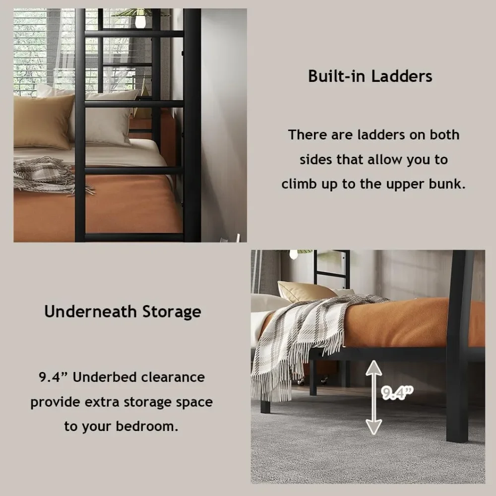 NEW-Bellemave Full XL Over Queen Bunk Bed for Adults, Full XL Over Queen Bunk Bed Frame with 2 Ladder and Full Length Guardrail,