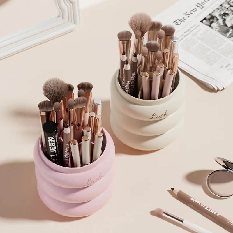 360° Rotating Makeup Brushes Holder With Lid Lipstick Organizer Cosmetic Storage Make Up Tools Box Jewelry Pencil Case Container 6