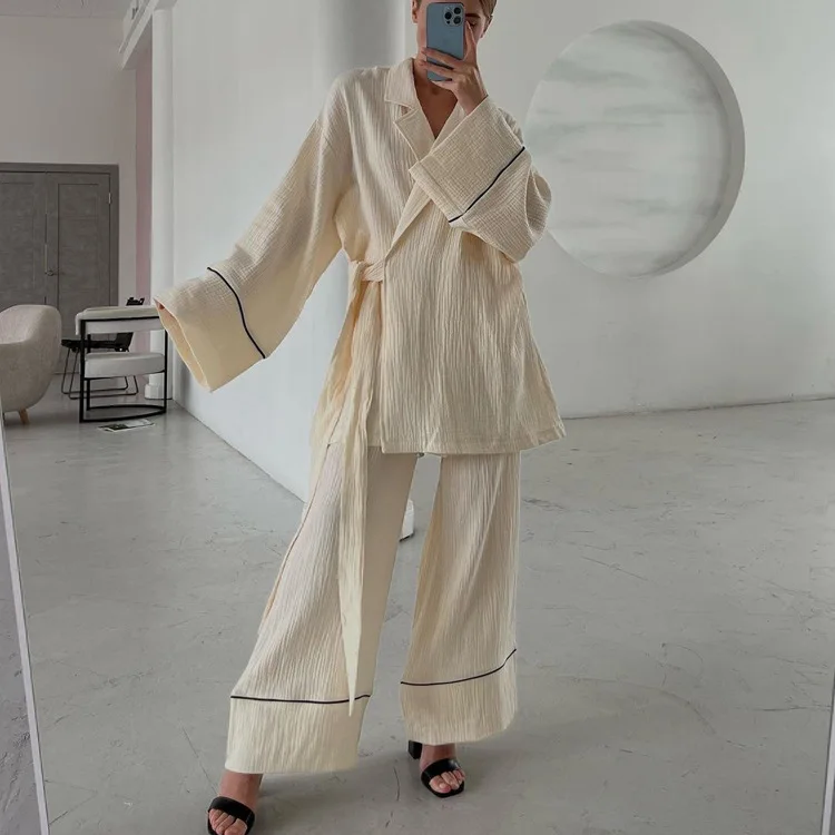 

Повседневная Пижама, бежевый хлопковый домашний костюм, элегантный комплект с широкими брюками с высокой талией, зимний топ на шнуровке с длинным рукавом, комплект из 2 предметов, женский наряд