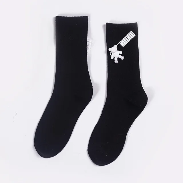 Black and White Pure Color Tube Socks Female Pin Bear Lovely Personality Tide Socks INS Korean Students Long Tube Cotton Socks 1
