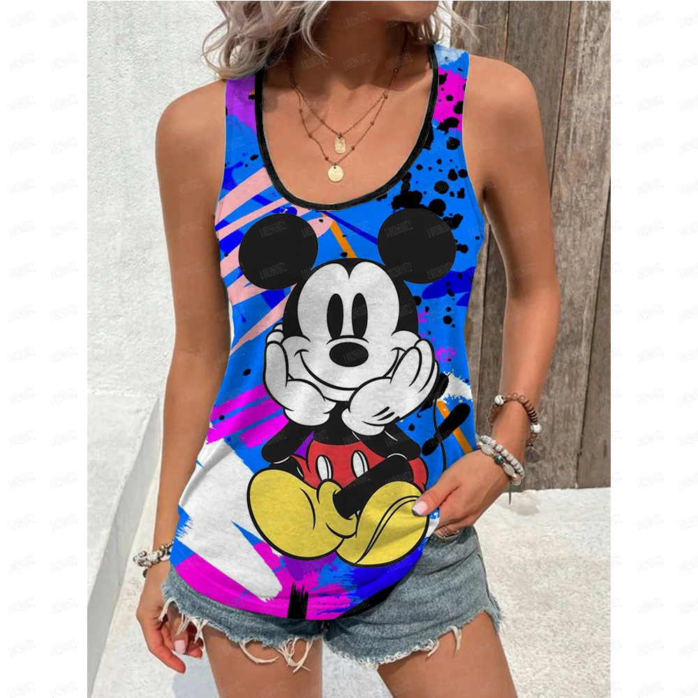 Disney Summer Women Cartoon Mickey Mouse Printed Tank Tops Tees Fashion Sleeveless Clothing Female Casual Outfit Oversized Vest