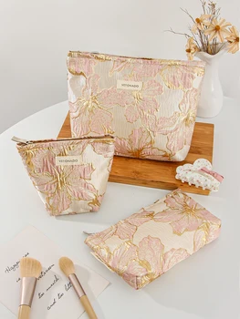1 pièce/ensemble trousse de maquillage fleur dorée, trousse de maquillage de voyage mignonne, pochette pour articles de toilette, trousse de maquillage portable 1