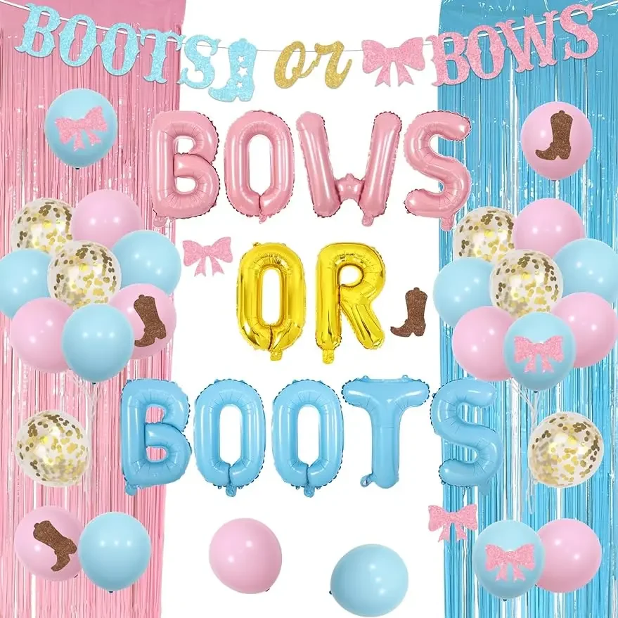 

Boots or Bows Gender Reveal Decor Banner Western Cowgirl Gender Reveal Decor Foil Balloons Fringe Curtain Backdrop Stickers