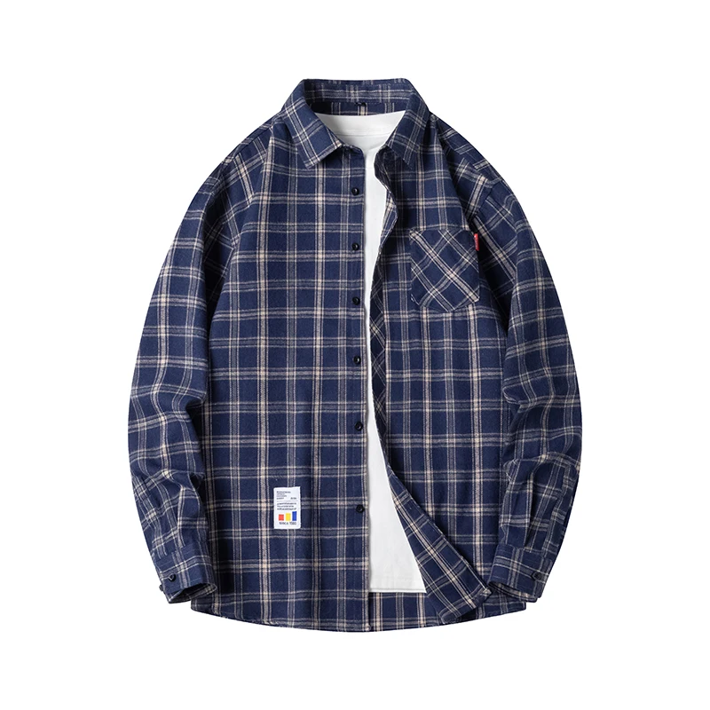 Turn-down Collar Spring Autumn Striped Pockets Cardigan Plaid Button Long Sleeved Shirt Casual Men's Coats Office Lady Tops