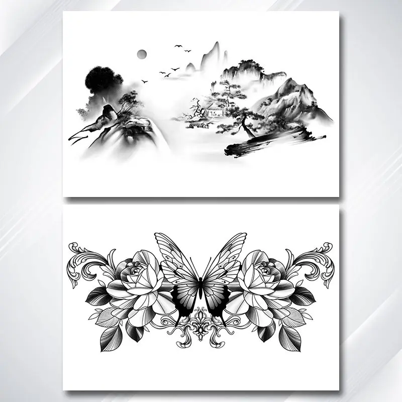Herbal Chinese Mountain Tatoo Sticker Lasting Fake Tattoo for Woman Man Chest Art Faux Temporary Tattoo Waterproof Tatuajes