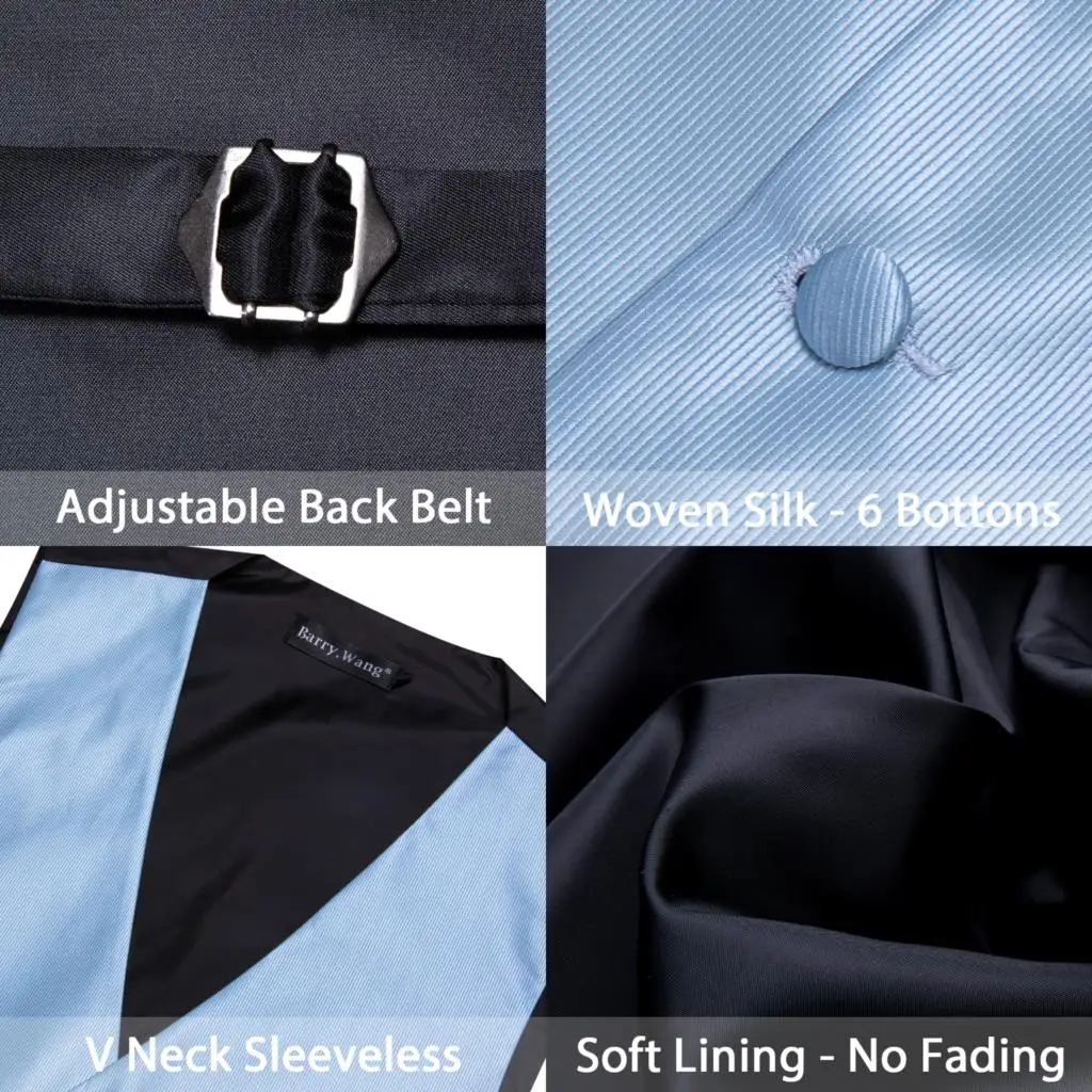 Luxury Sky Blue Vests for Men Silk Solid Wedding Party Waistcoat Tie Set  Formal Suit Male Dress Sleeves Jacket Barry Wang 4