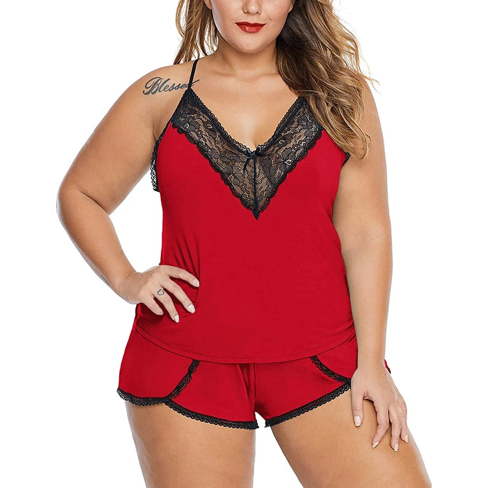 Plus Size Lace Camisole Tops+Short Pants 2023 Oversized Women's Solid Sex Lingerie Set For Female Casual Underwear Sleepwear