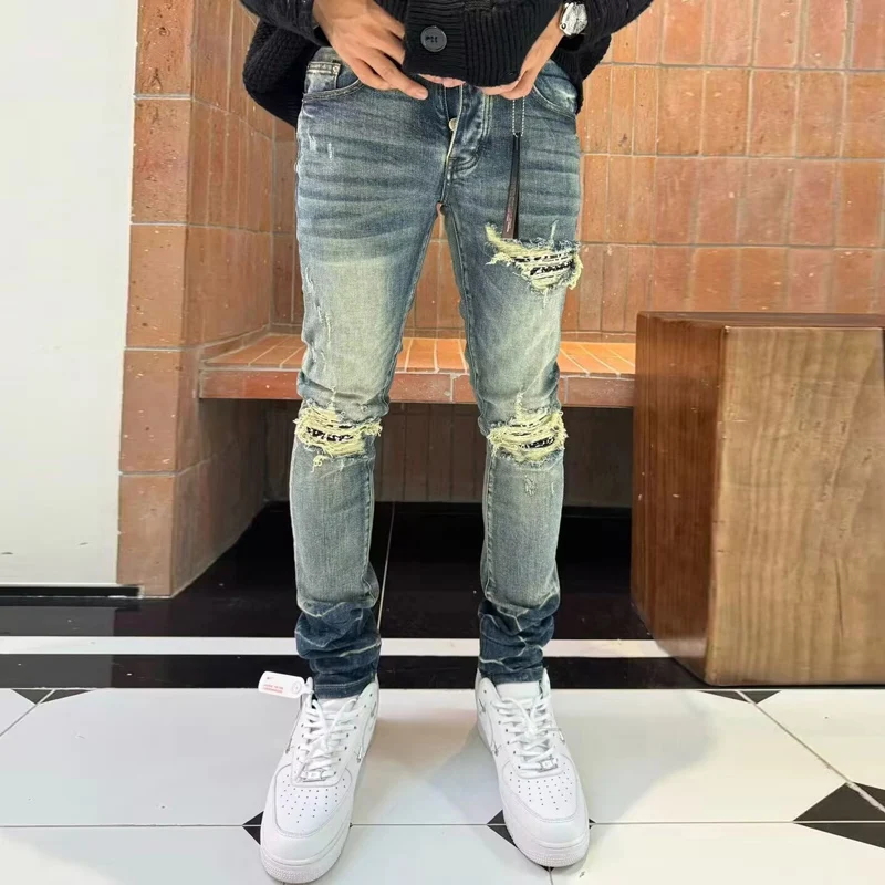 

Street Fashion Men Jeans Buttons Fly Retro Blue Stretch Skinny Fit Ripped Jeans Men Patched Designer Hip Hop Brand Pants Hombre