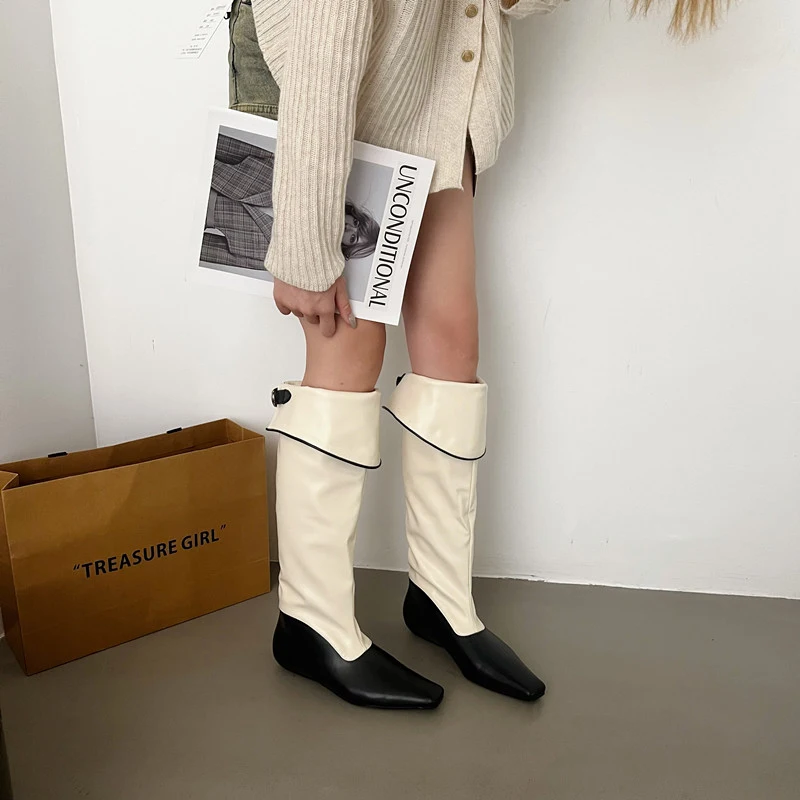 ZOOKERLIN Pointed Genuine Leather Mixed Color Women's Boots Flats Shoes Slim Elastic Boots Fashion Niche Design Long Tube Boots