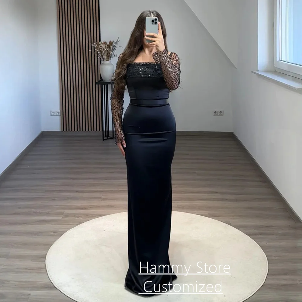 Pale Pink Evening Dress Customized Square Neck Long Sleeves Sequined Floor Length Satin Mermaid Prom Gown Pageant Party Dresses 3