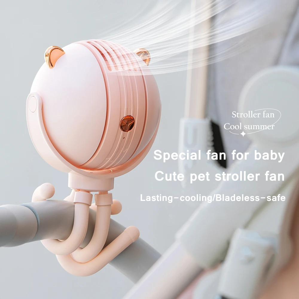 Cute Cartoon Safe Bladeless Fan USB Rechargeable Mini Portable Stroller Fan Handhled Air Conditioning For Home Room Electric Fan