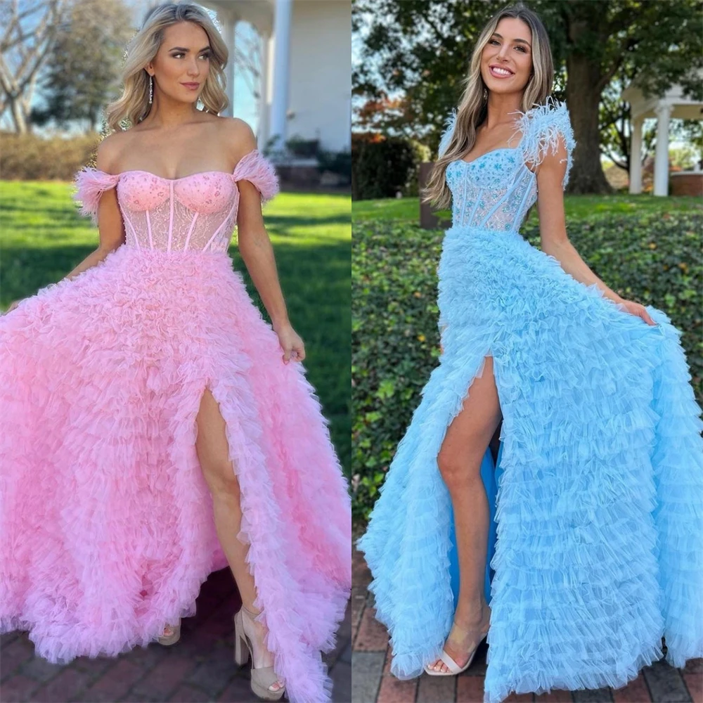 

Jiayigong Elegant Off-the-shoulder Ball gownParty Sequin Feathers Chiffon Occasion Evening Gown vestidos de graduación