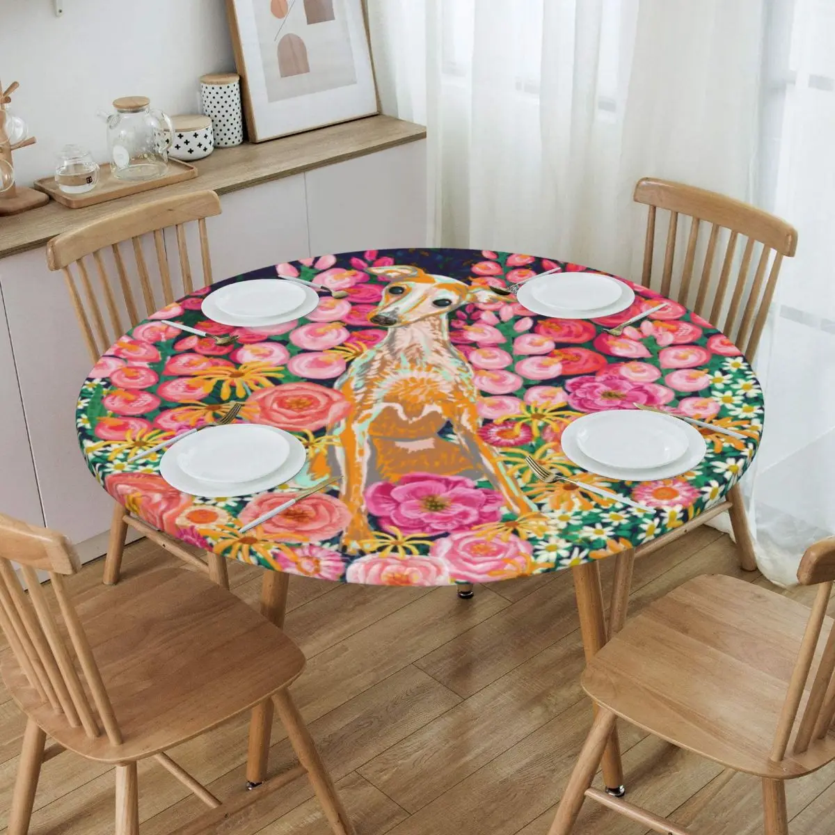 

Round Round Table Cloth Tablecloth Fit 45"-50" Elastic Edge Table Cloth Whippet Sighthound Flowers Table Covers