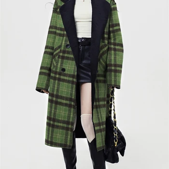 Women's Front Back Can Be Worn Green check pattern Woolen Coat Autumn Winter British Style Female Loose Suit Collar Long Jacket