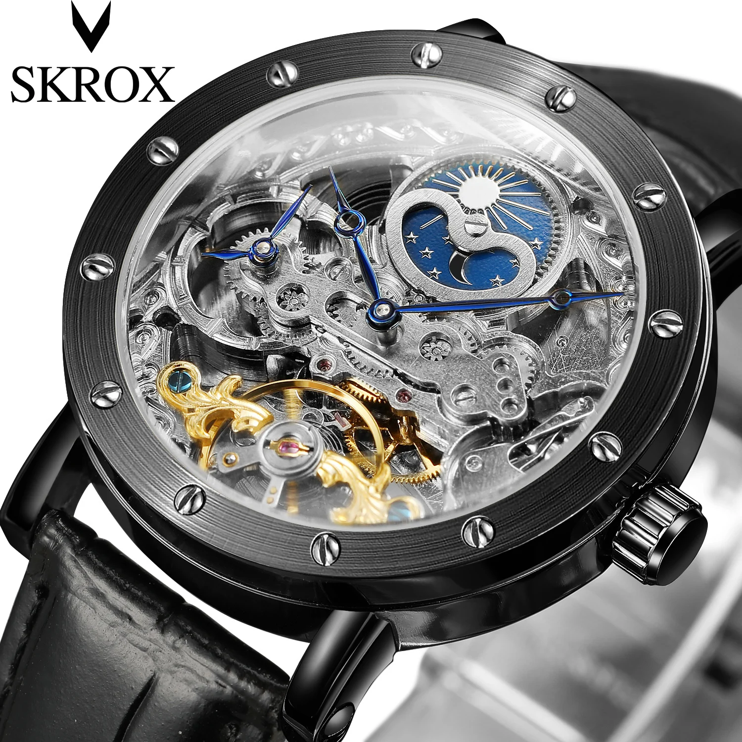 SKROX Dual Time Zone Moon Phase Automatic Clock Mechanical Genuine Leather Men's Wristwatches Original High-End Luxury Man Watch