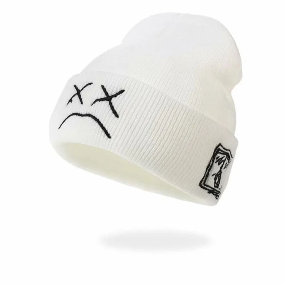 Hip-Hop Style Sad Expression Embroidered Woolen Beanie Hat