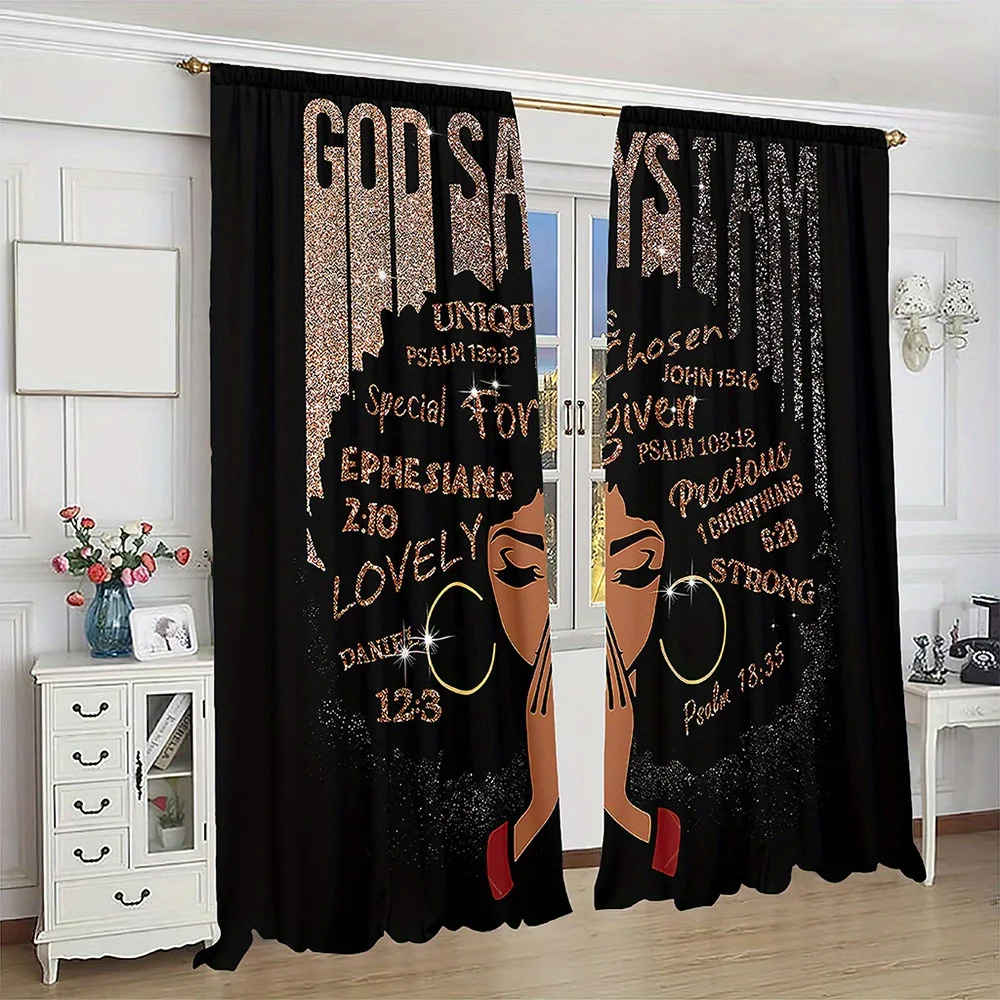2pcs Eclectic Style Black Gold African Figures Printed Curtain Panels Set with Rod Pocket Window Drapes for Living Room cortinas 4