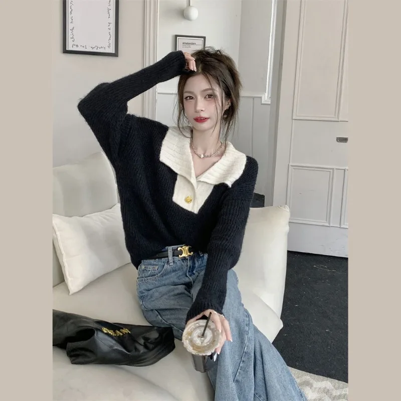 

Lazy Style Color Collision Lapel Women's Sweater Spring and Autumn 2024 New Design Loose Niche Versatile Knitwear Female