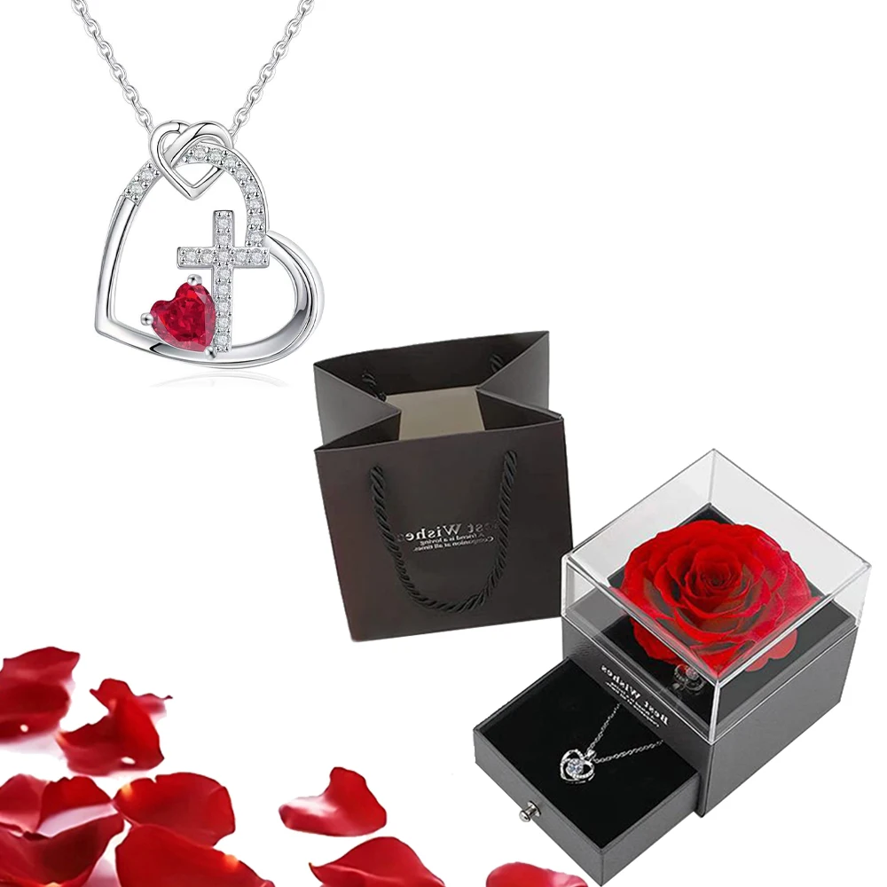 Exquisite Red Zircon Pendant Necklace in Rose Gift Box – Elegant I Love You Jewelry