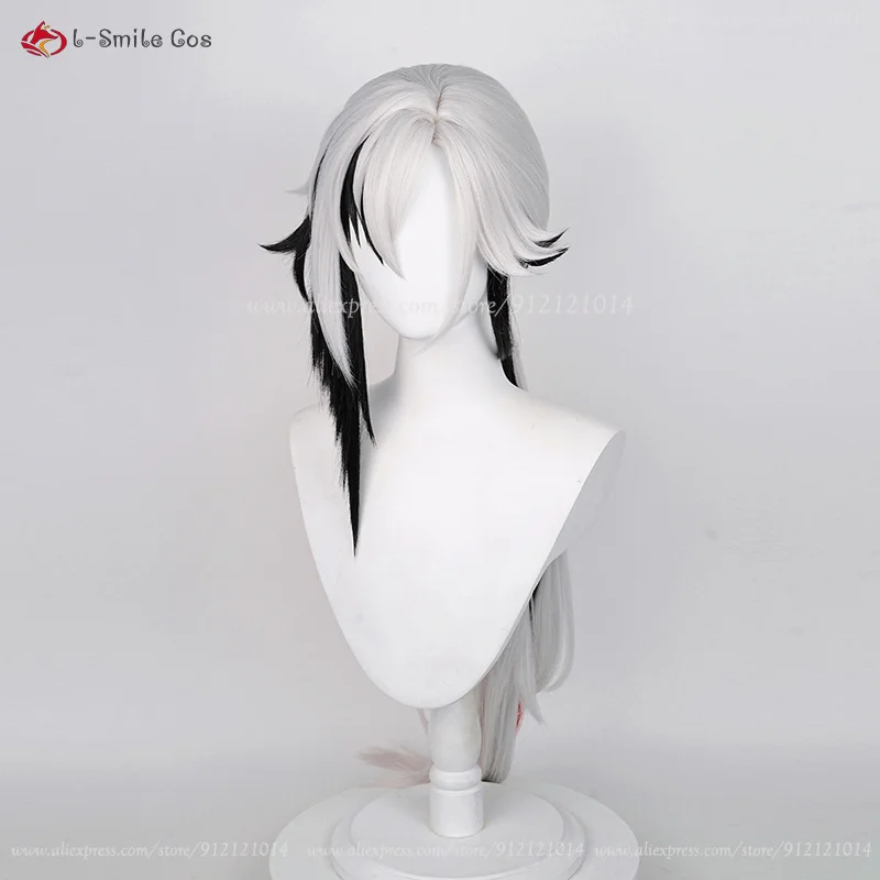 Shin Fontaine Arlecchino Cosplay Perücke 83cm Grau Weiß Schwarz Rot Synthetik Hitzebeständig 4