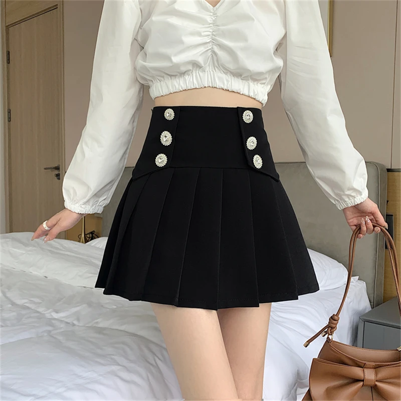 silk skirt Women Pleated Skirts Black White Elegant A-Line Skirt Casual Spring Summer Sweet E-Girls Drill Double Breasted Skirts Dance Show nike skirt Skirts