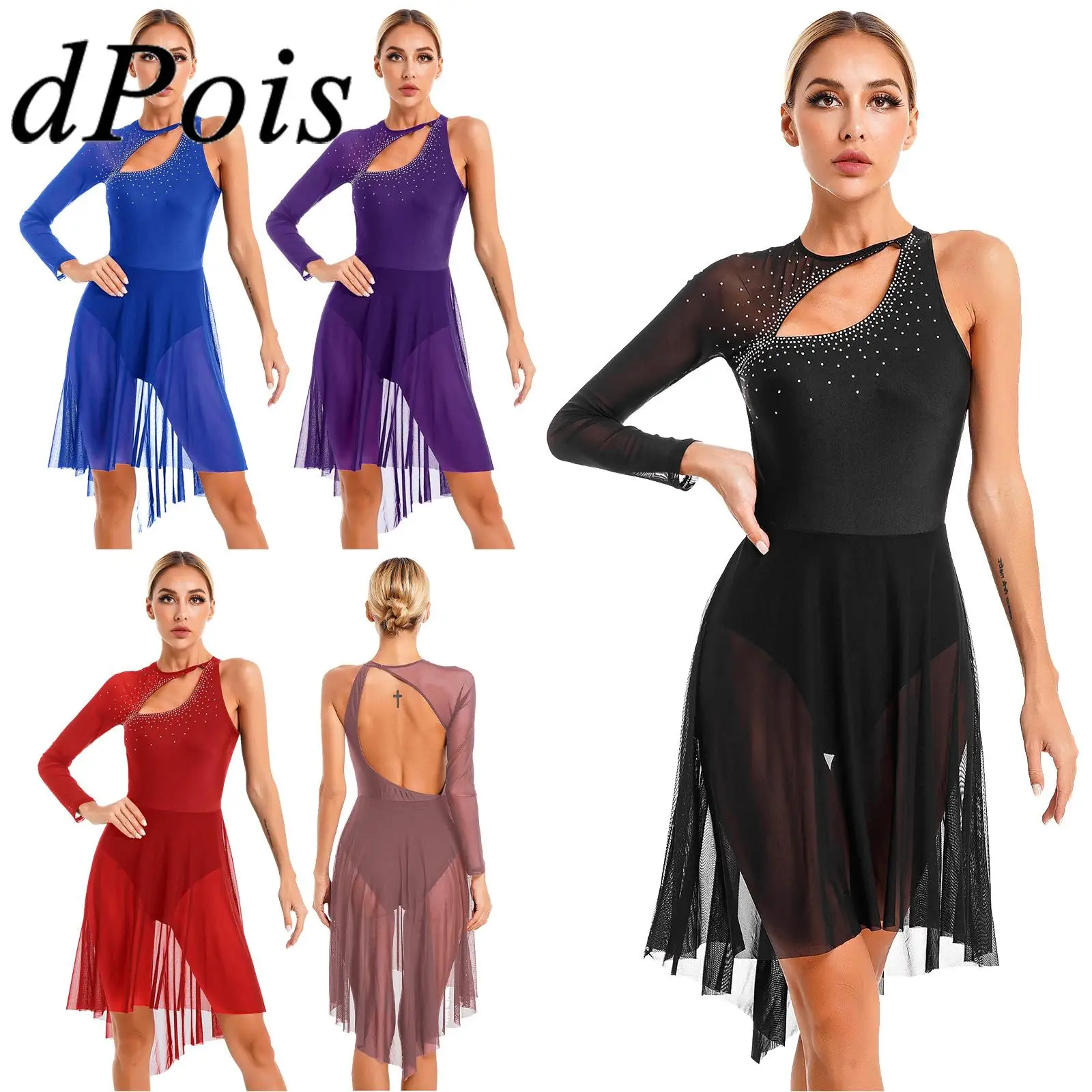 Girl Dance Costume Ice Skating Costume Figure Skating Dress Womens Long Sleeve Lyrical Dance Dress Stage Dancewear Sheer Mesh Gymnastics Leotard Ballroom Costume