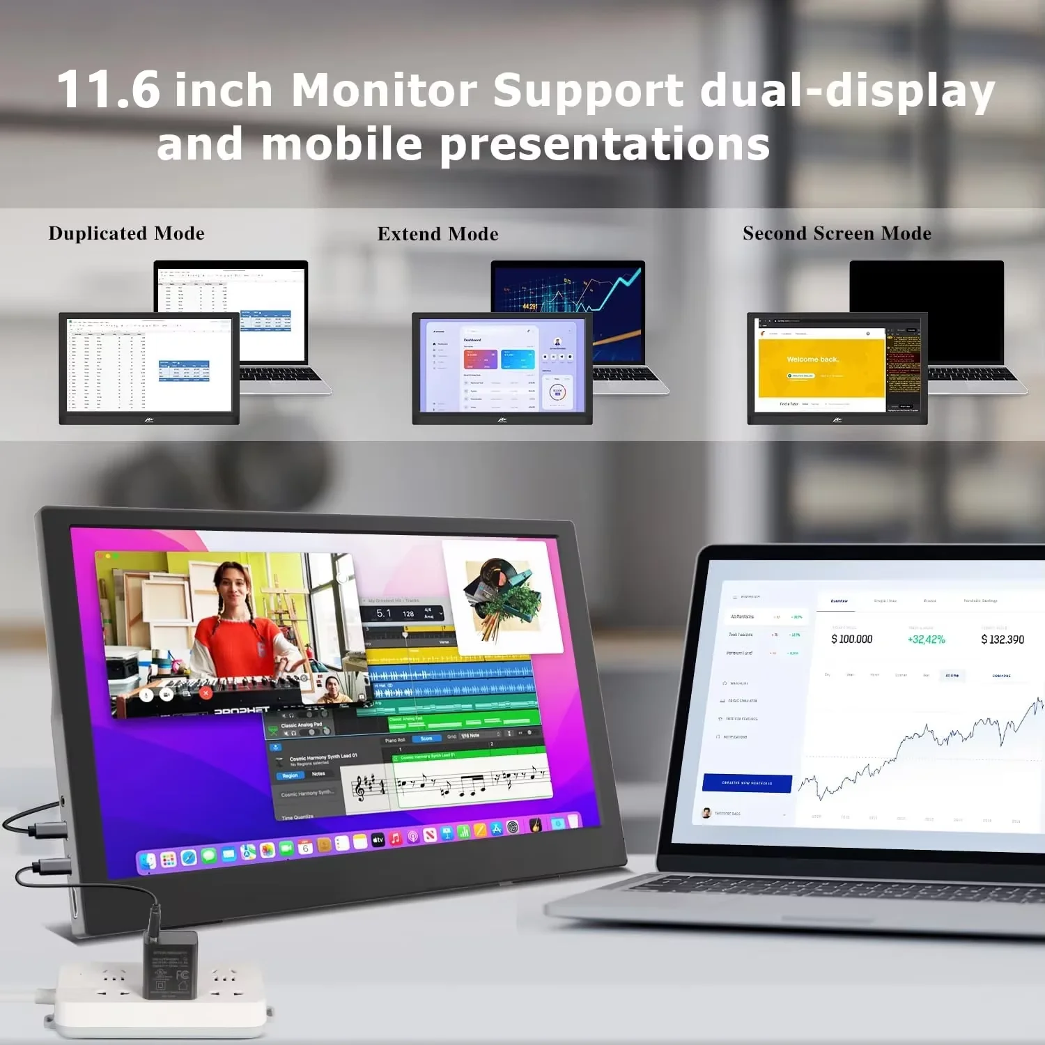 11.6인치 듀얼 휴대용 모니터 72%sRGB 1366*768P HD IPS 250Nits 1000:1 16:9 노트북, 휴대폰, TV, XBox용 Type-C 미니 HDMI 포함