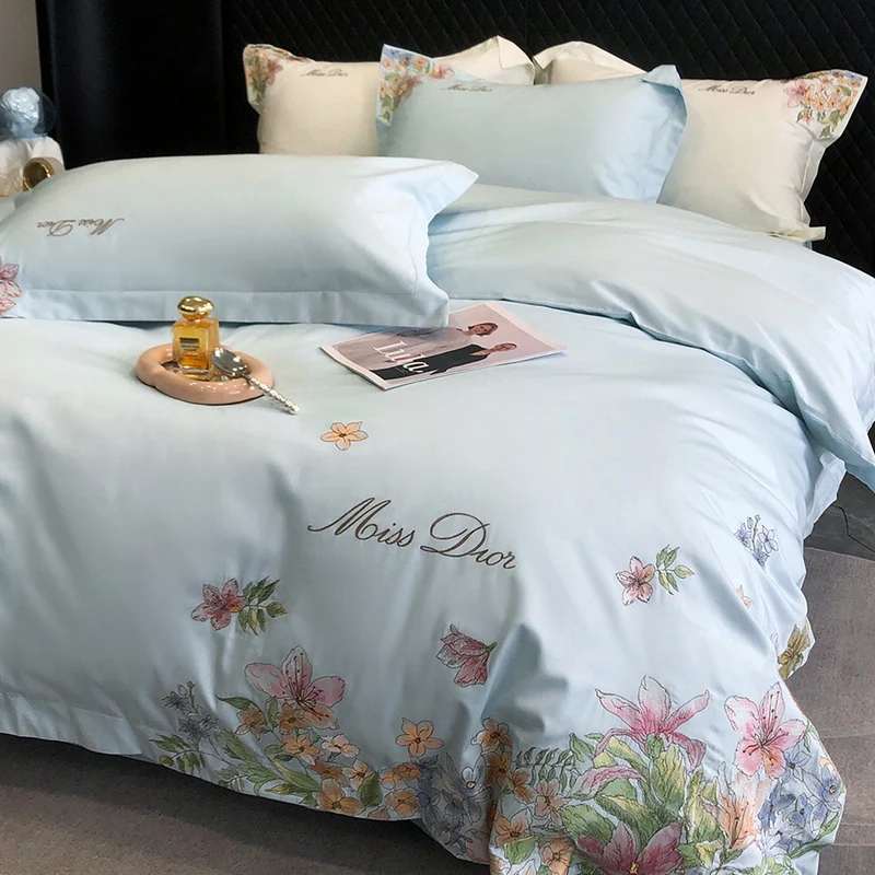 

Pastoral Style Flower Embroidery Egyptian Cotton Bedding Set Duvet Cover Bed Sheet Linen Pillowcases Mattress Cover 180x200 CM