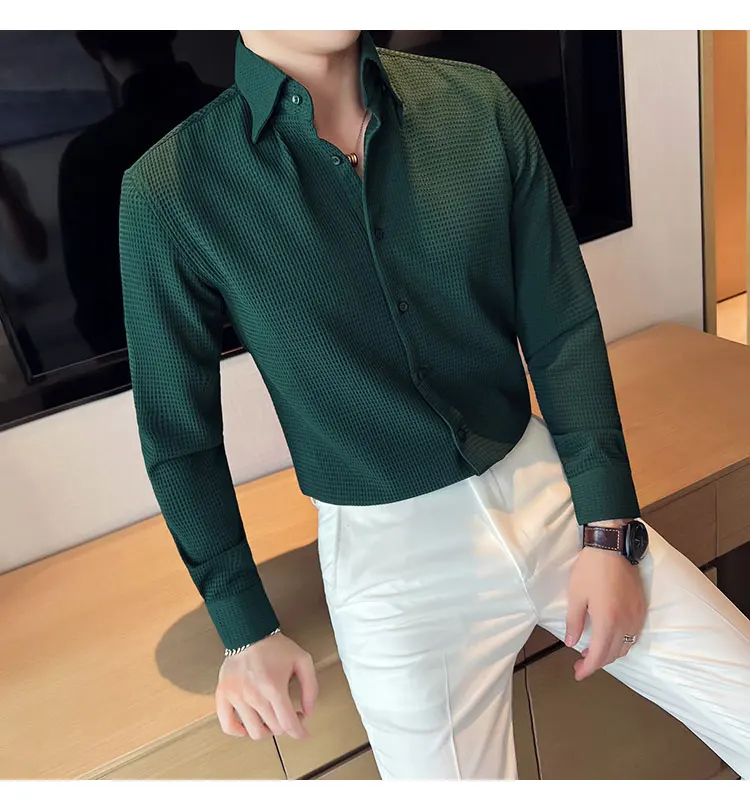 2022 Waffle Shirts For Men Long Sleeve Slim Casual Shirts Solid 