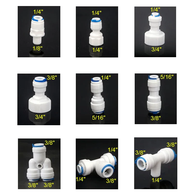 Water Pipe Fitting Hose Pipe Fitting 1/4"3/8"5/16"OD Hose Tube 1/8"1/4"3/4" Thread Plastic Pipe Quick Connectors RO Water Connector Fittings