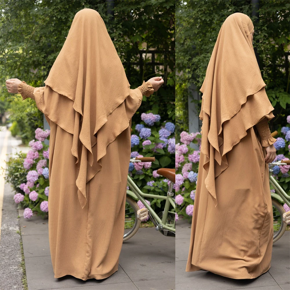 

Khimar Abaya Set Crinkled Fabric Smocked Cuff Dress+Two Layer Hijab Scarf Prayer Clothes Islam Robes for Women Ramadan Muslim