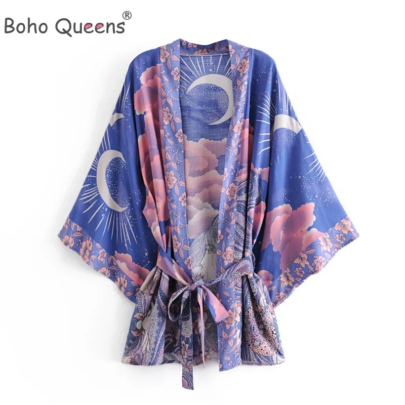 Bohemian Kimono Women V Neck Batwing Sleeves Floral Print Sashes Short Robe japanese kimono clothes
